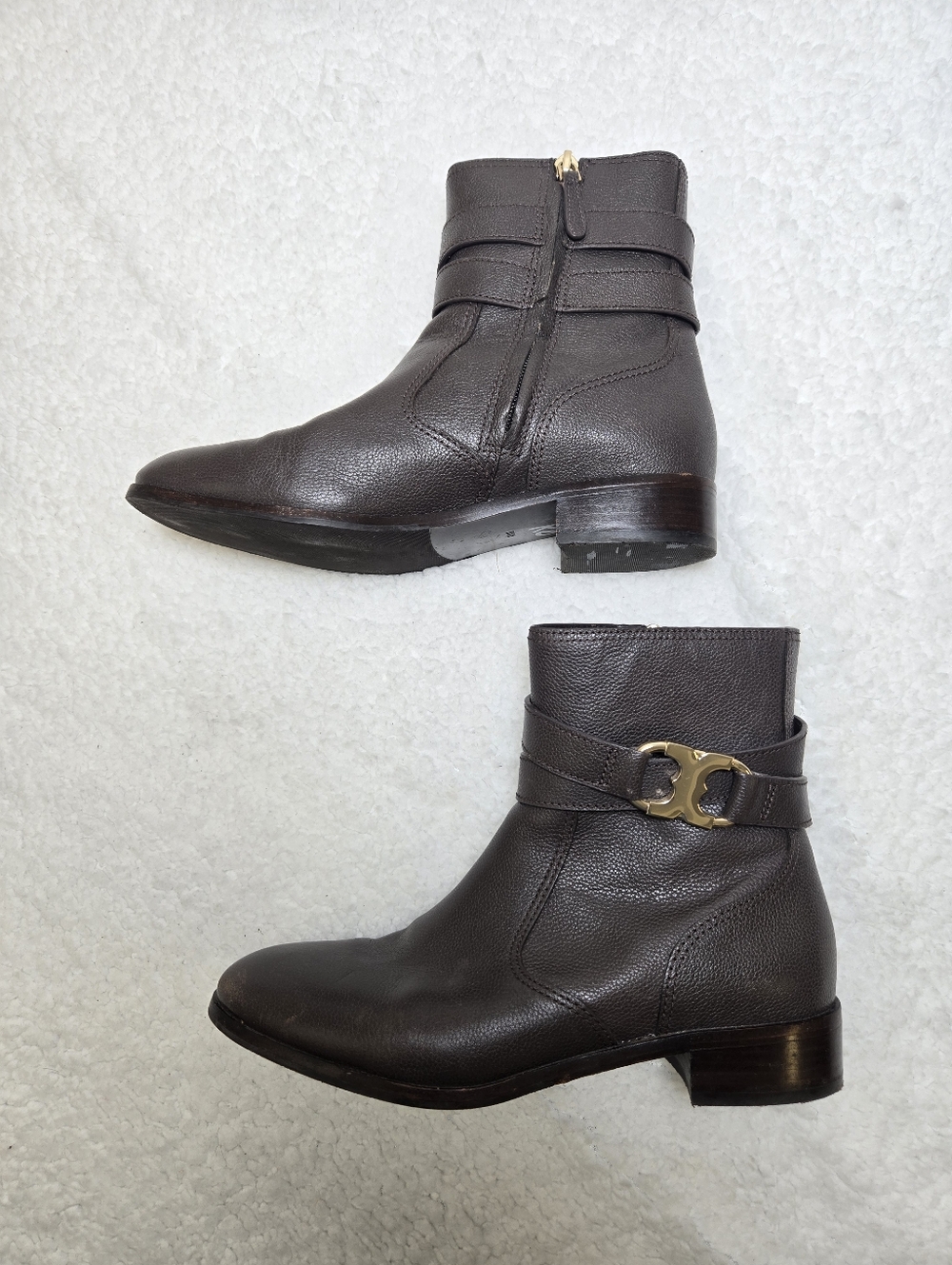 Tory Burch Ankle Strap Boots Brown Leather Buckle Low Heel 8.5